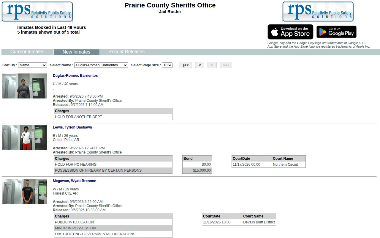 Prairie County daily arrest report with official last 48 hours label