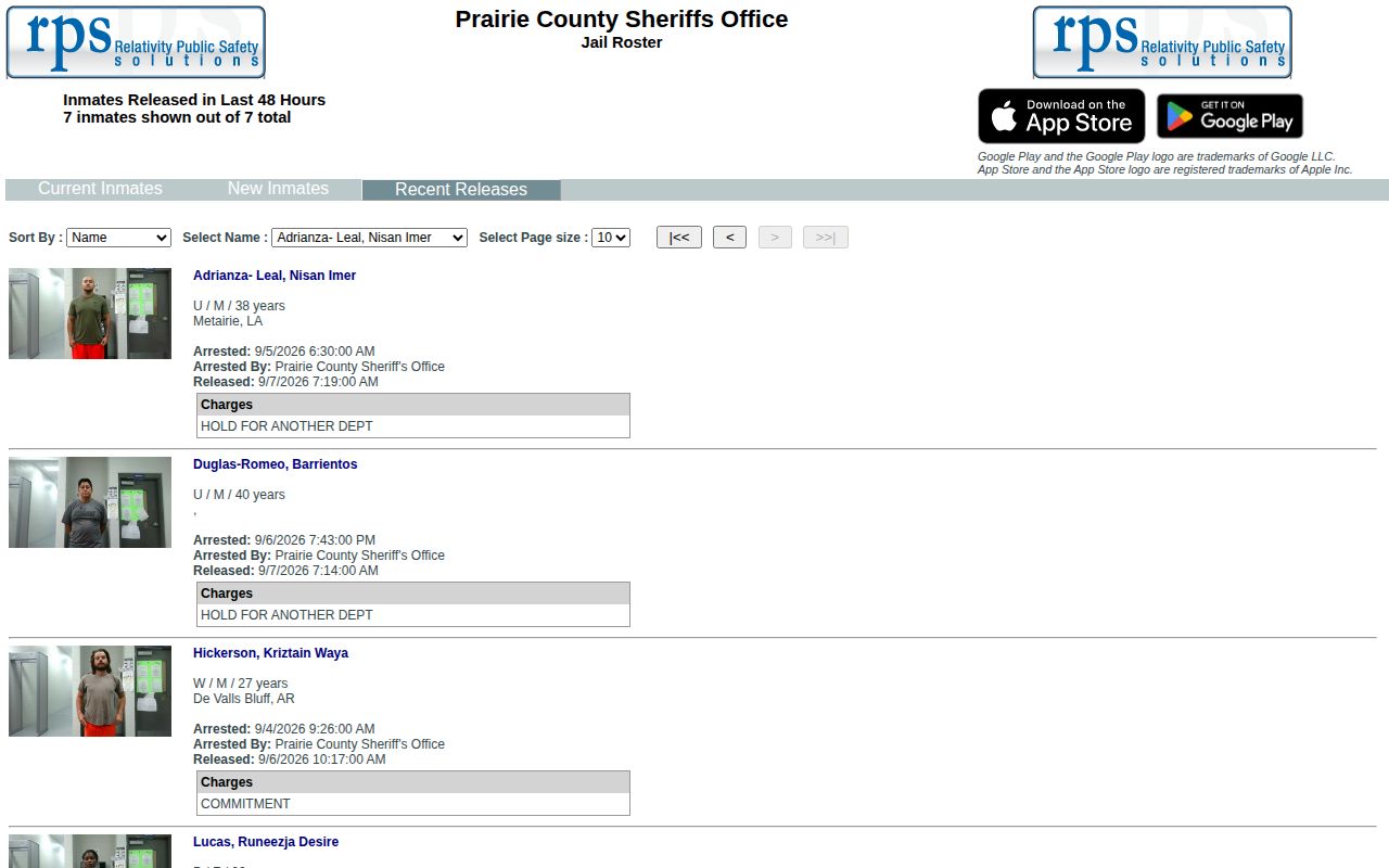 Prairie County recent releases interface used as an arrest-log fallback