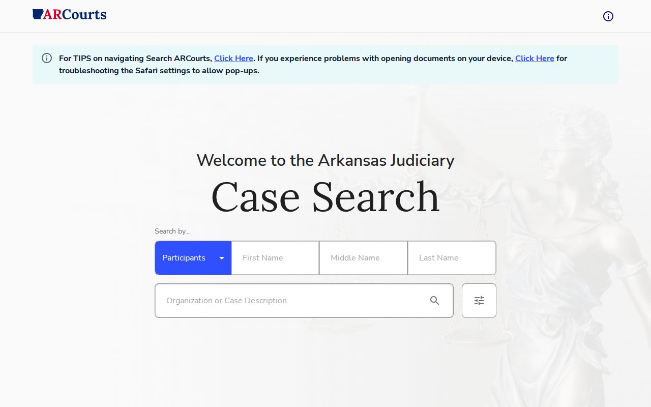 Search ARCourts public court record search interface
