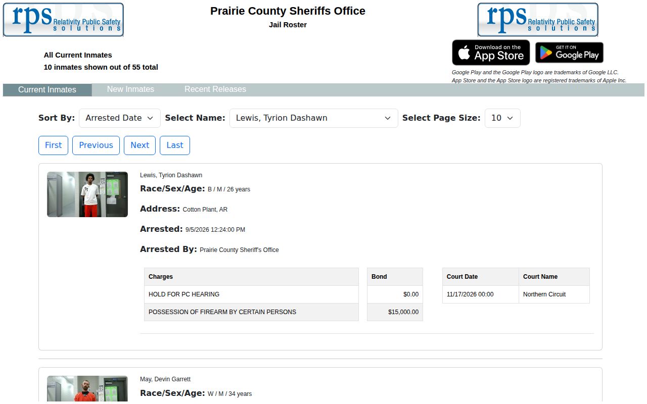 Prairie County Sheriff public jail roster interface