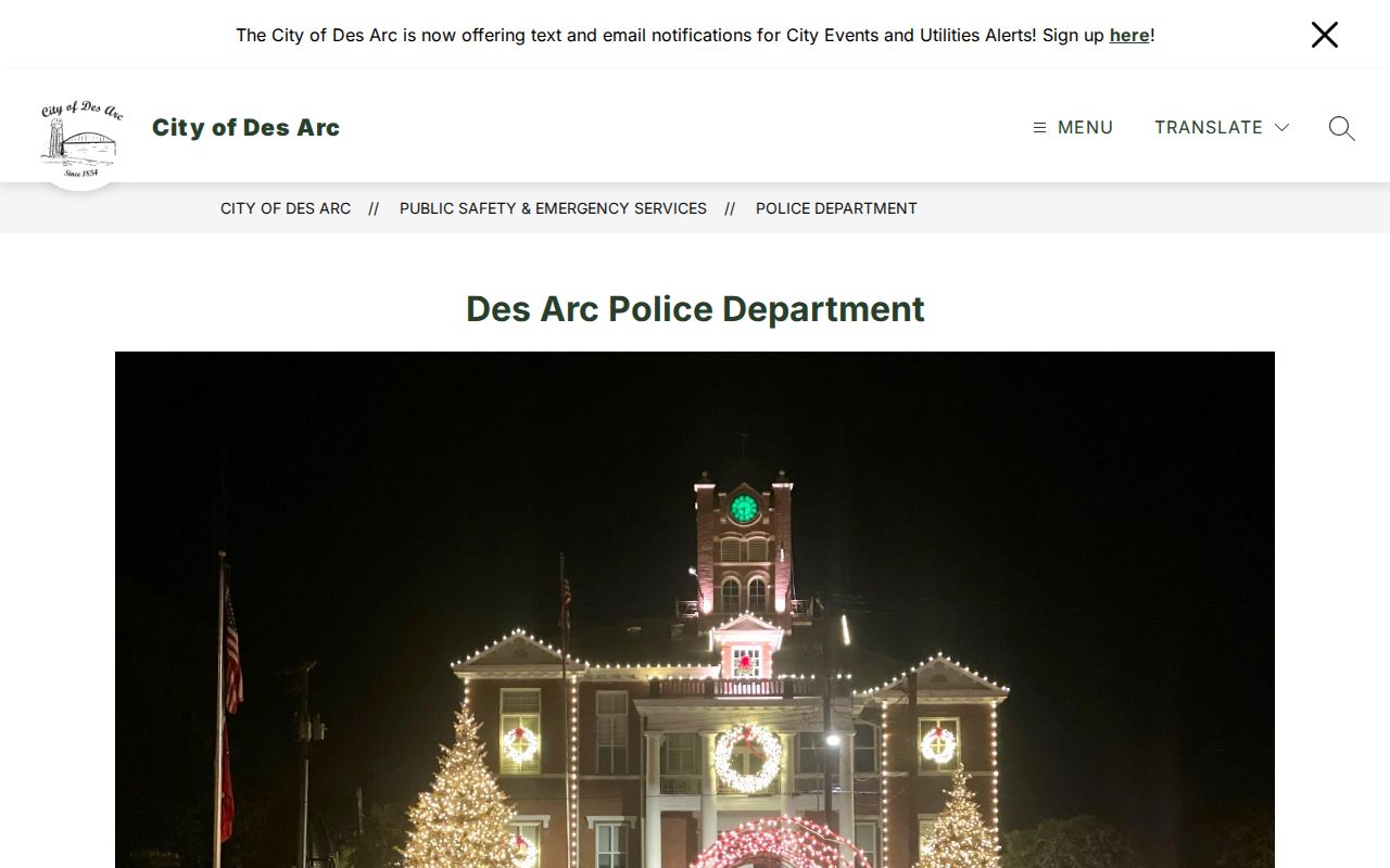 Official City of Des Arc Police Department page used to verify local contact information