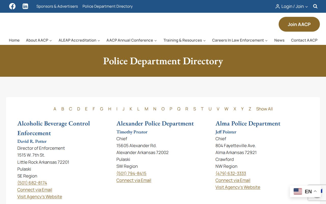 Arkansas Association of Chiefs directory used to locate DeValls Bluff Police Department contact information