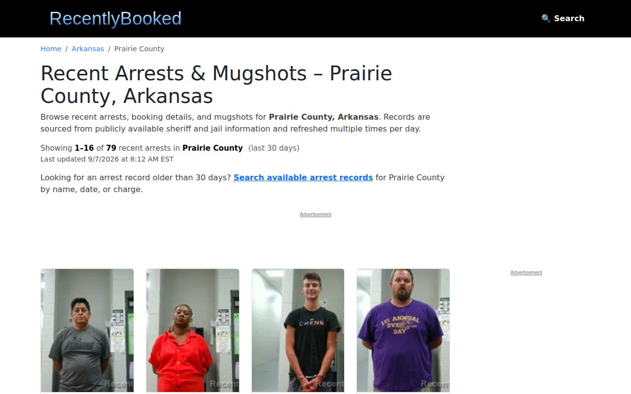 Unofficial RecentlyBooked Prairie County index captured for source comparison