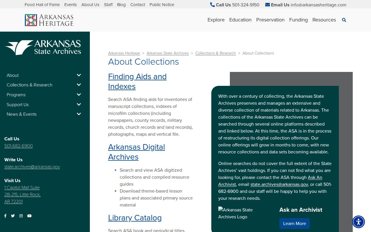Arkansas State Archives collections page for historical finding aids