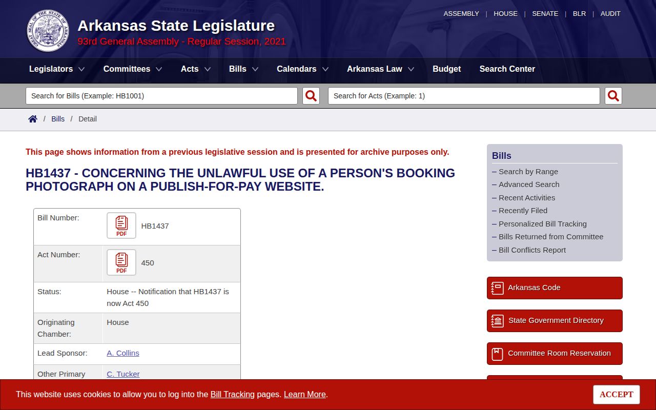 Arkansas General Assembly HB1437 and Act 450 legislative source page